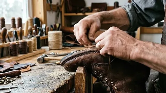 Ustanın deri ayakkabıya dikiş uygulaması